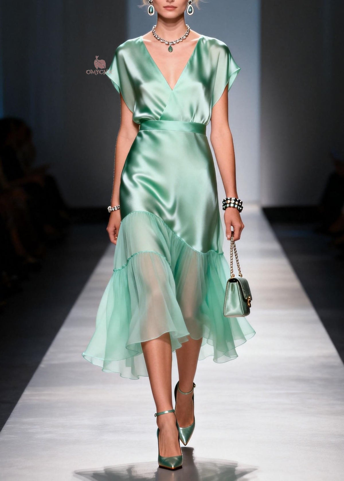 Cap Sleeve V-Neck Wrap Satin Tiered Chiffon Ruffle Midi Dress - View 3