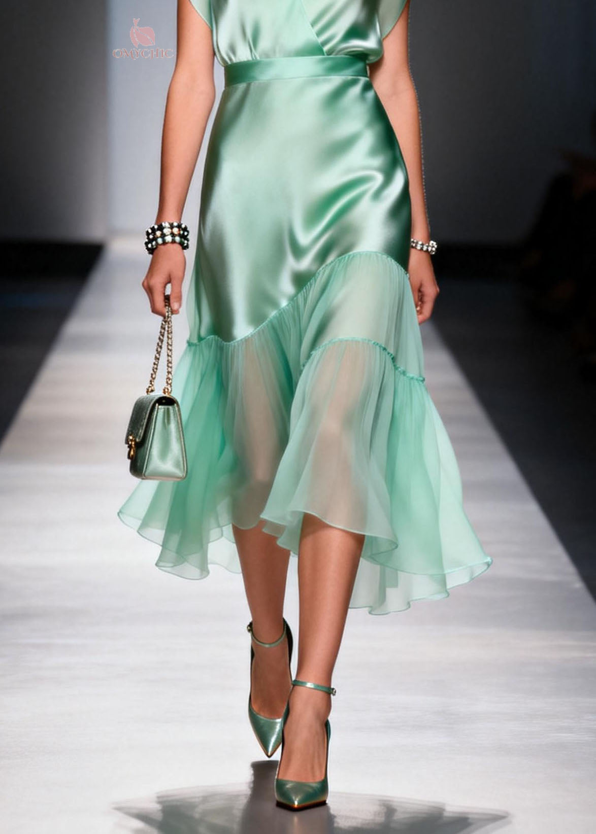 Cap Sleeve V-Neck Wrap Satin Tiered Chiffon Ruffle Midi Dress - View 4