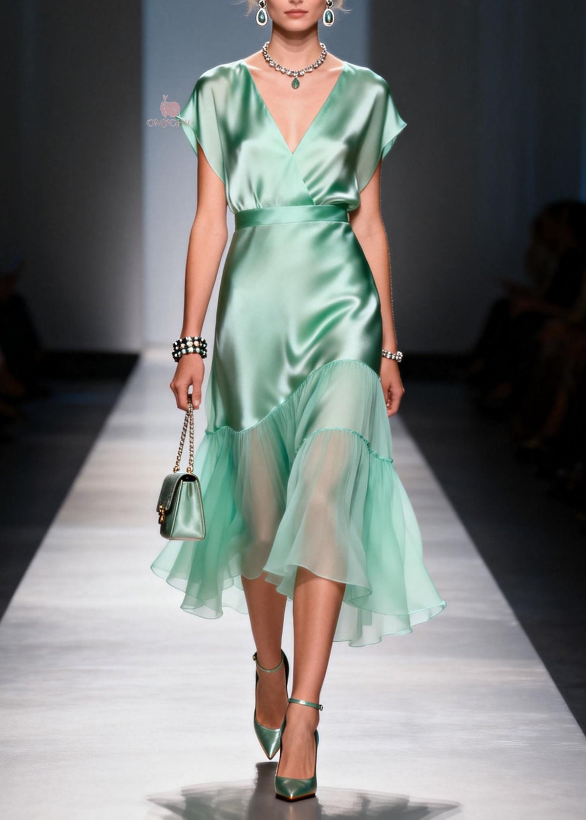 Cap Sleeve V-Neck Wrap Satin Tiered Chiffon Ruffle Midi Dress - View 5