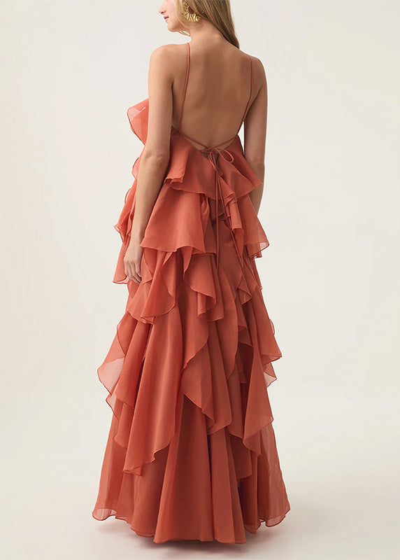 Classy Orange Ruffled Asymmetrical Patchwork Chiffon Dress Summer - View 4
