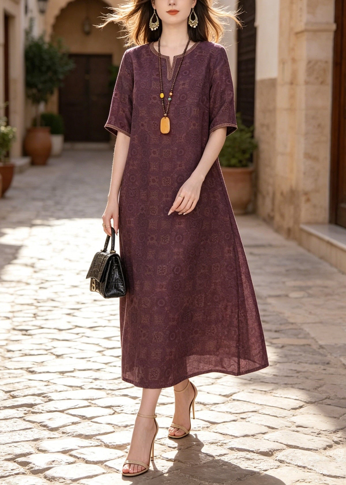 Geometric Print Split Neck Short Sleeve Relaxed A-Line Maxi Dress
