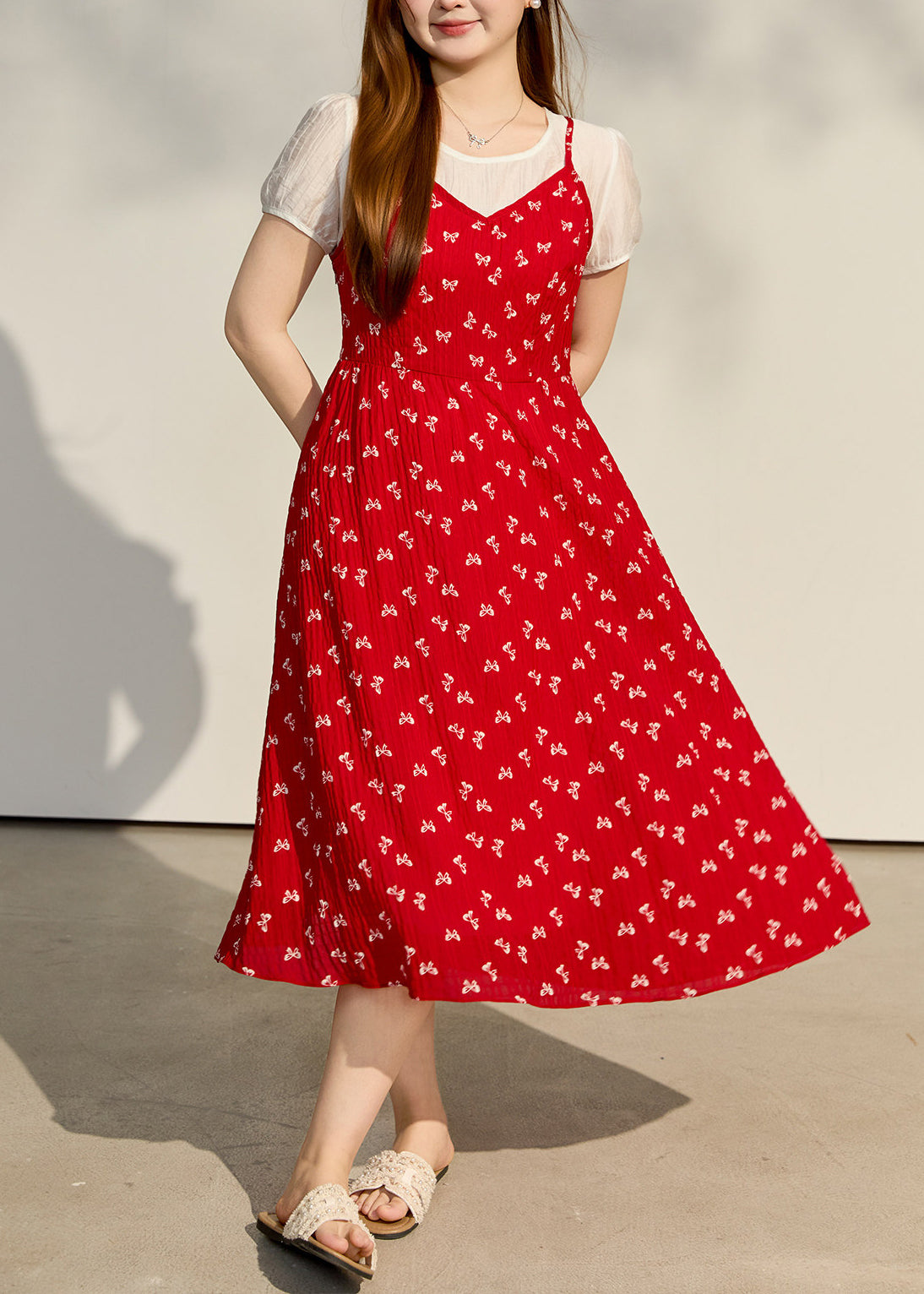 Floral Print Crinkle Texture Faux Two Piece Puff Sleeve Midi Dress - View 3