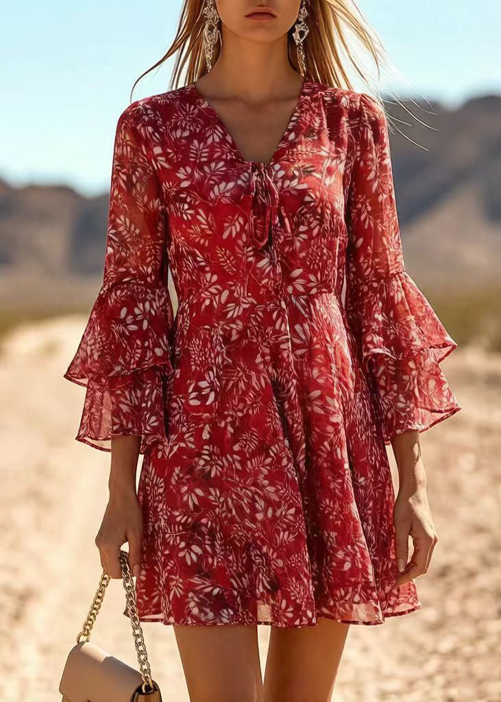 Floral V-Neck Bell Sleeve Tie Front Chiffon Mini Dress