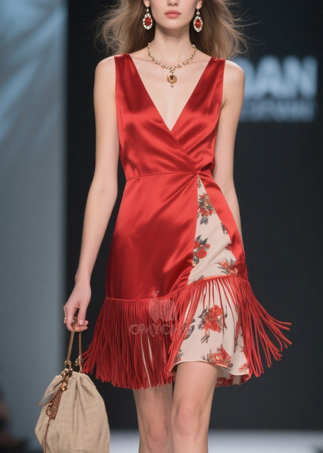 Deep V-Neck Wrap Sleeveless Print Panel Fringe Trim Mini Dress - View 2