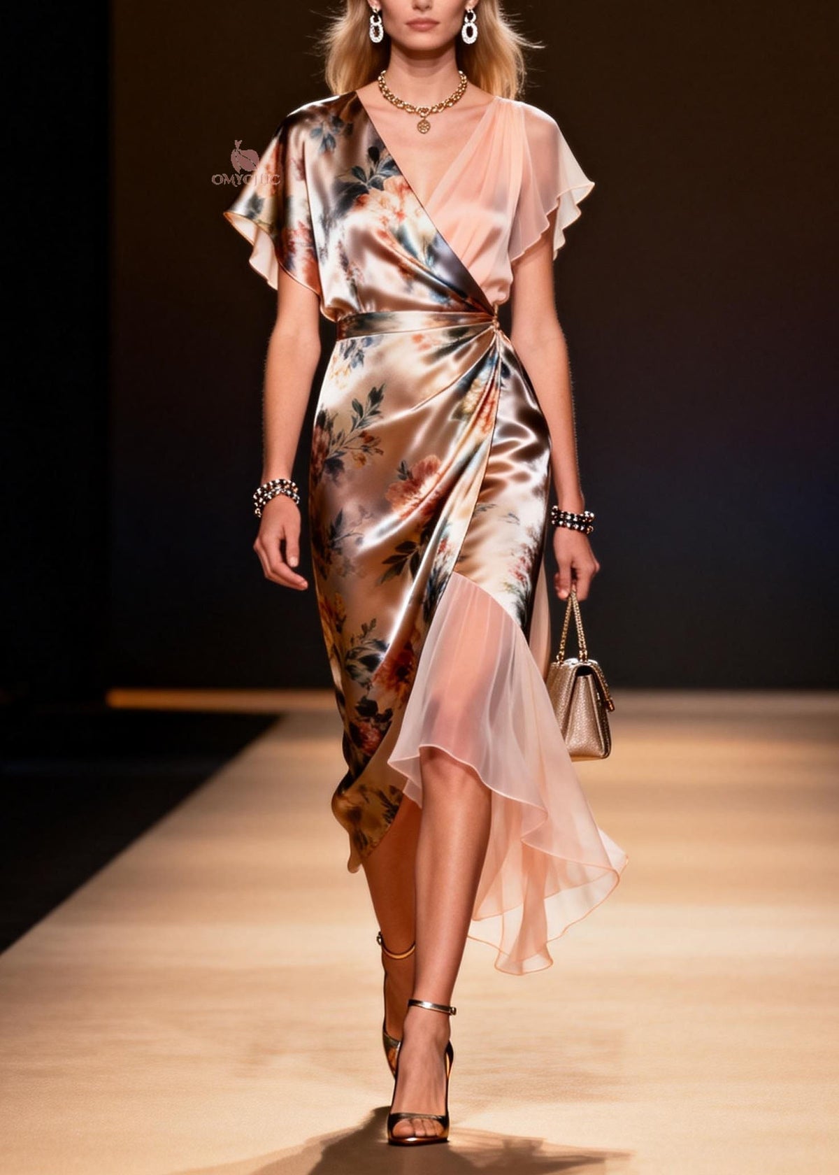 Satin Floral Wrap V-Neck Flutter Sleeve Sheer Panel Midi Dress