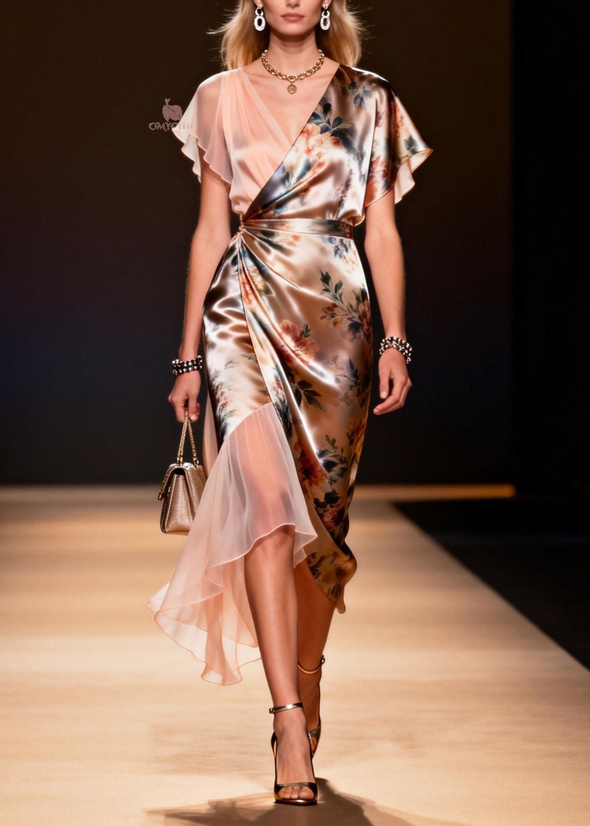 Satin Floral Wrap V-Neck Flutter Sleeve Sheer Panel Midi Dress - View 3