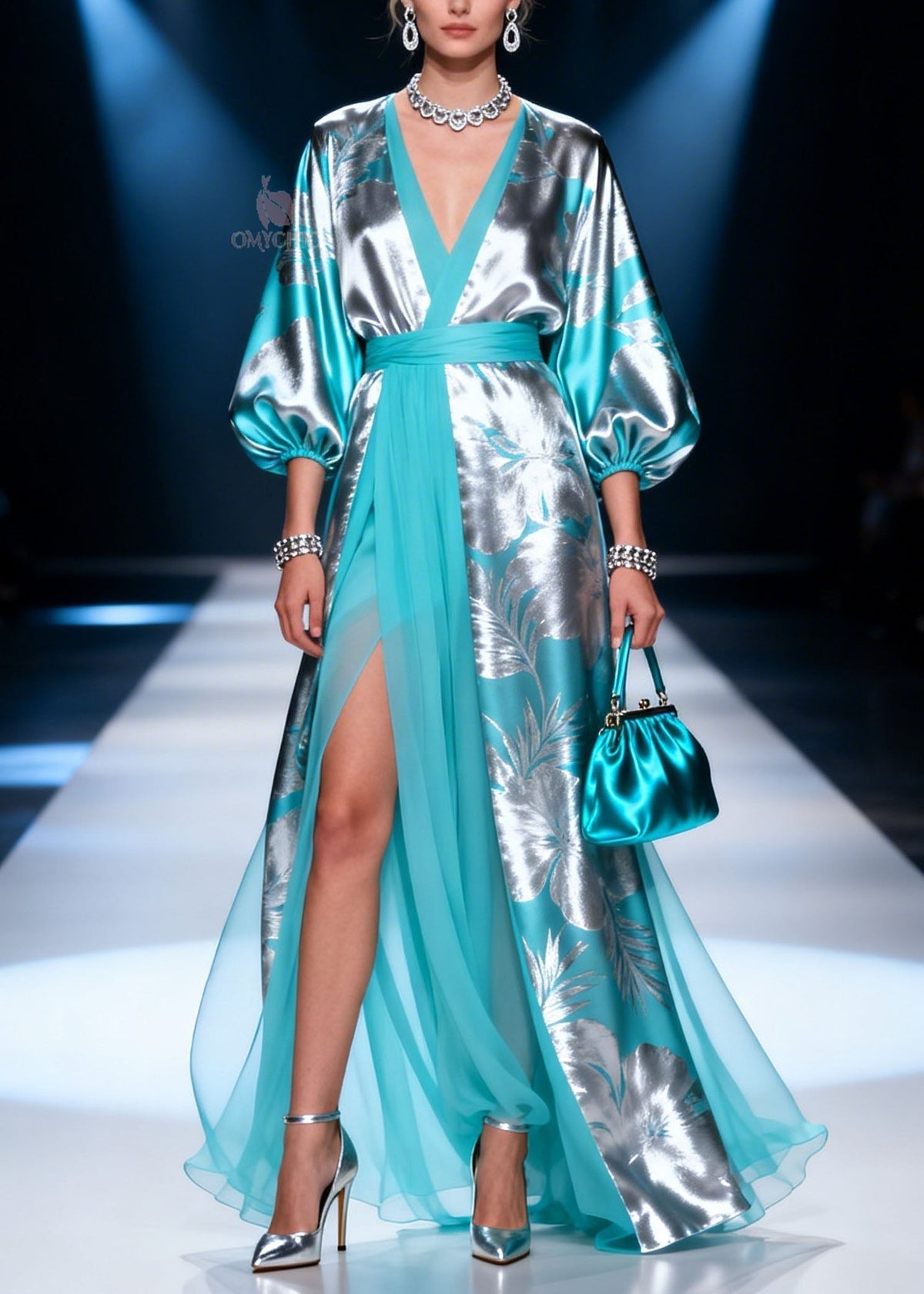 Metallic Floral Print Deep V-Neck Puff Sleeve Wrap Sash Maxi Gown - View 3