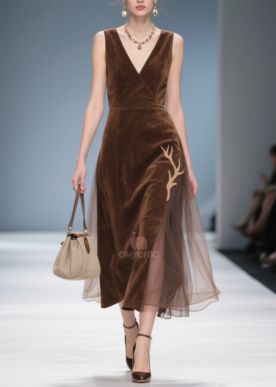 Deep V-Neck Wrap Sleeveless Velvet Antler Applique Midi Dress