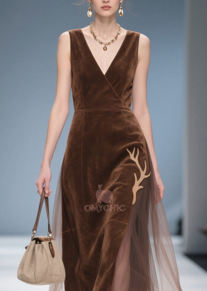 Deep V-Neck Wrap Sleeveless Velvet Antler Applique Midi Dress - View 2