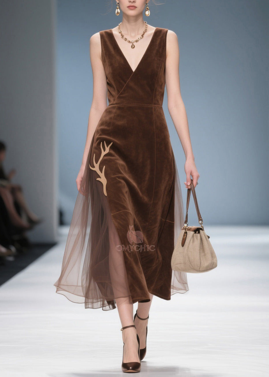 Deep V-Neck Wrap Sleeveless Velvet Antler Applique Midi Dress - View 3