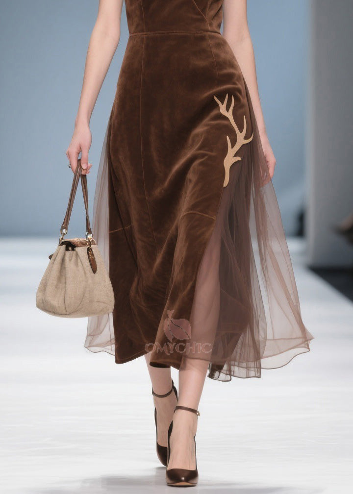 Deep V-Neck Wrap Sleeveless Velvet Antler Applique Midi Dress - View 4