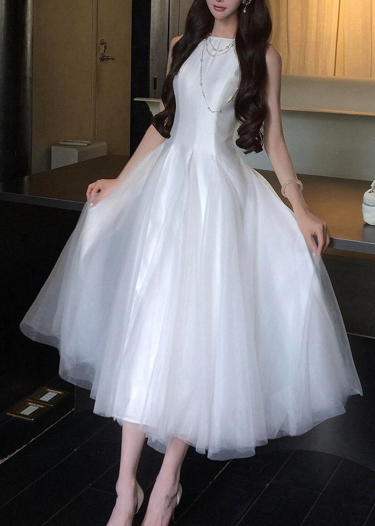 Satin Tulle Overlay Round Neck Sleeveless Layered A-Line Midi Dress - View 2