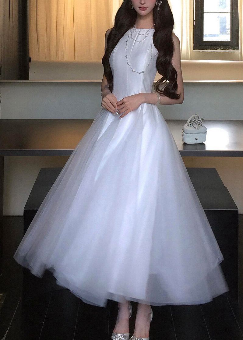Satin Tulle Overlay Round Neck Sleeveless Layered A-Line Midi Dress - View 3
