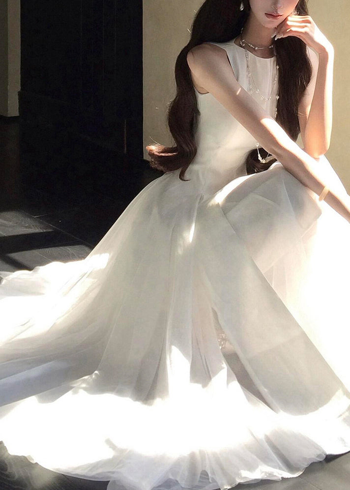 Satin Tulle Overlay Round Neck Sleeveless Layered A-Line Midi Dress - View 5