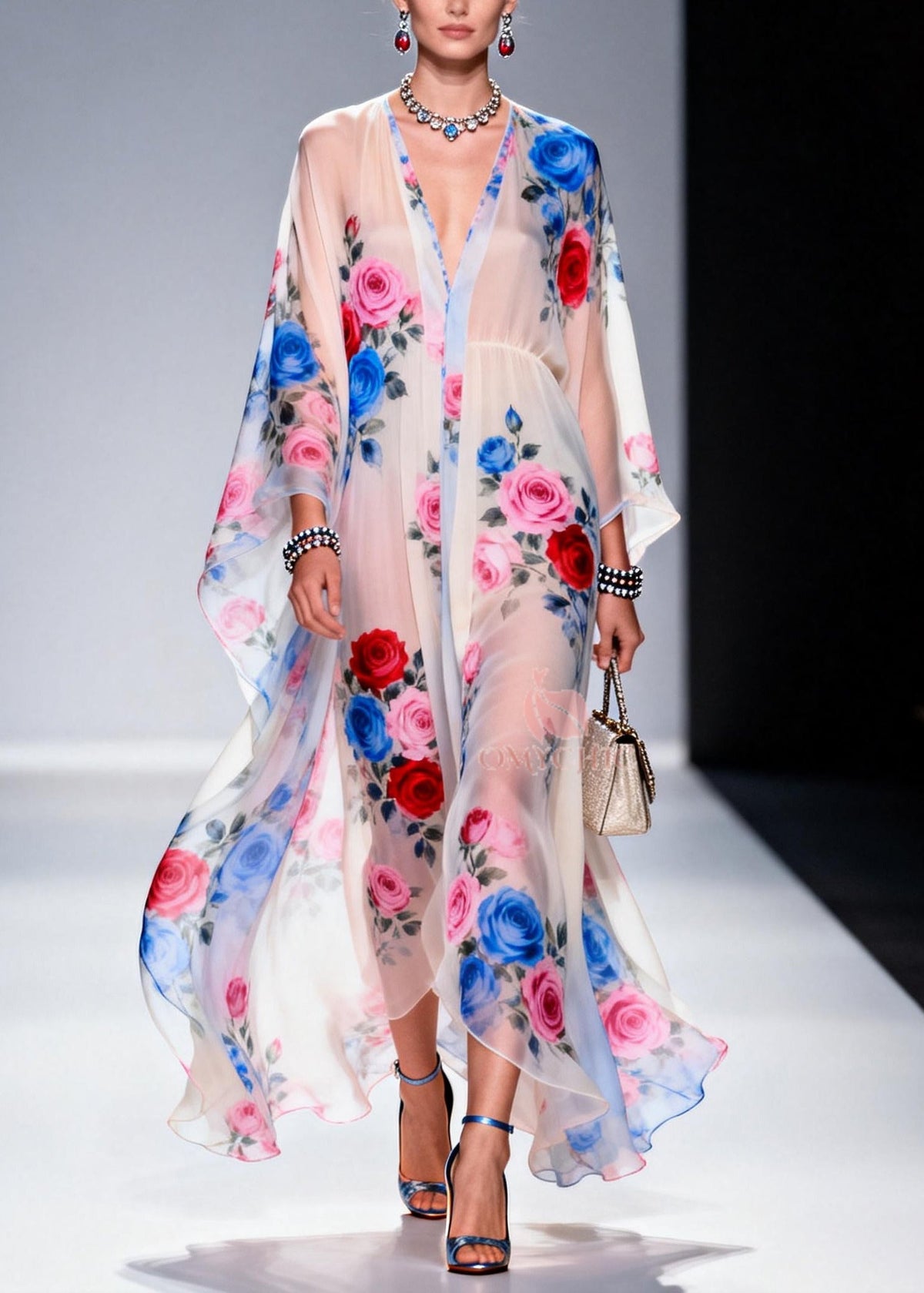 Floral Print Deep V-Neck Empire Waist Sleeve Sheer Maxi Gown - View 3