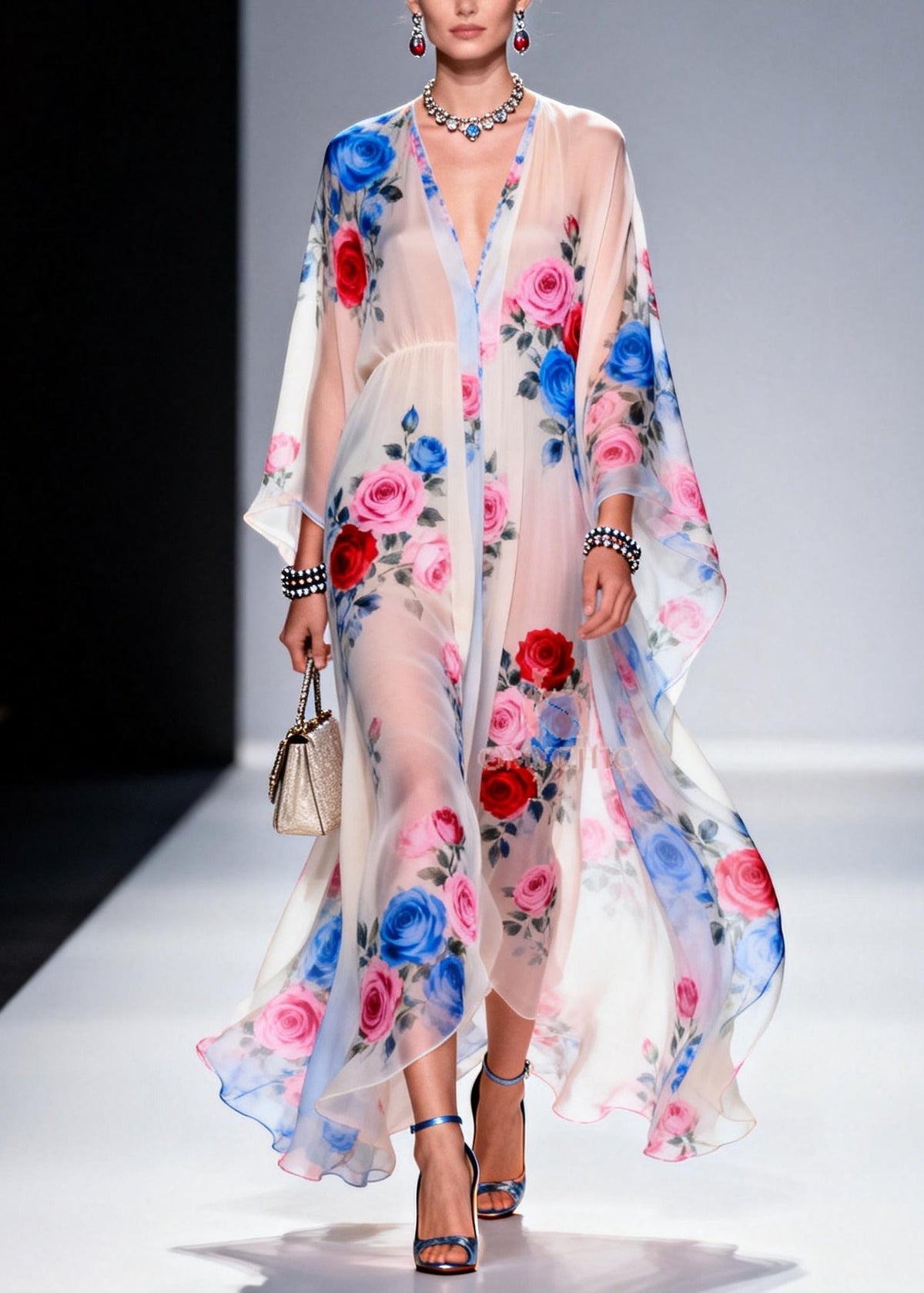 Floral Print Deep V-Neck Empire Waist Sleeve Sheer Maxi Gown - View 5
