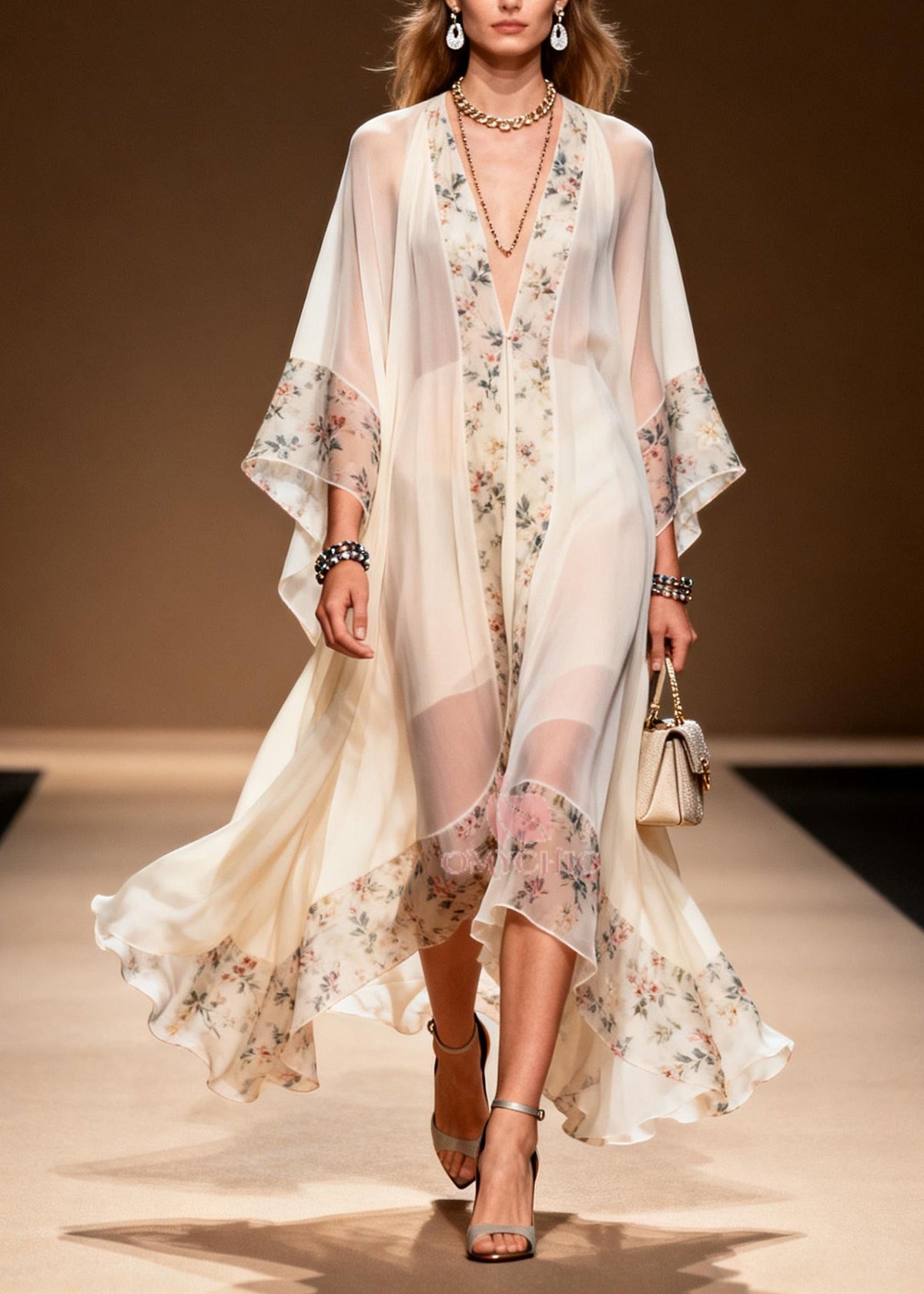 Deep V-Neck Kimono Sleeve Floral Trim Chiffon Midi Dress