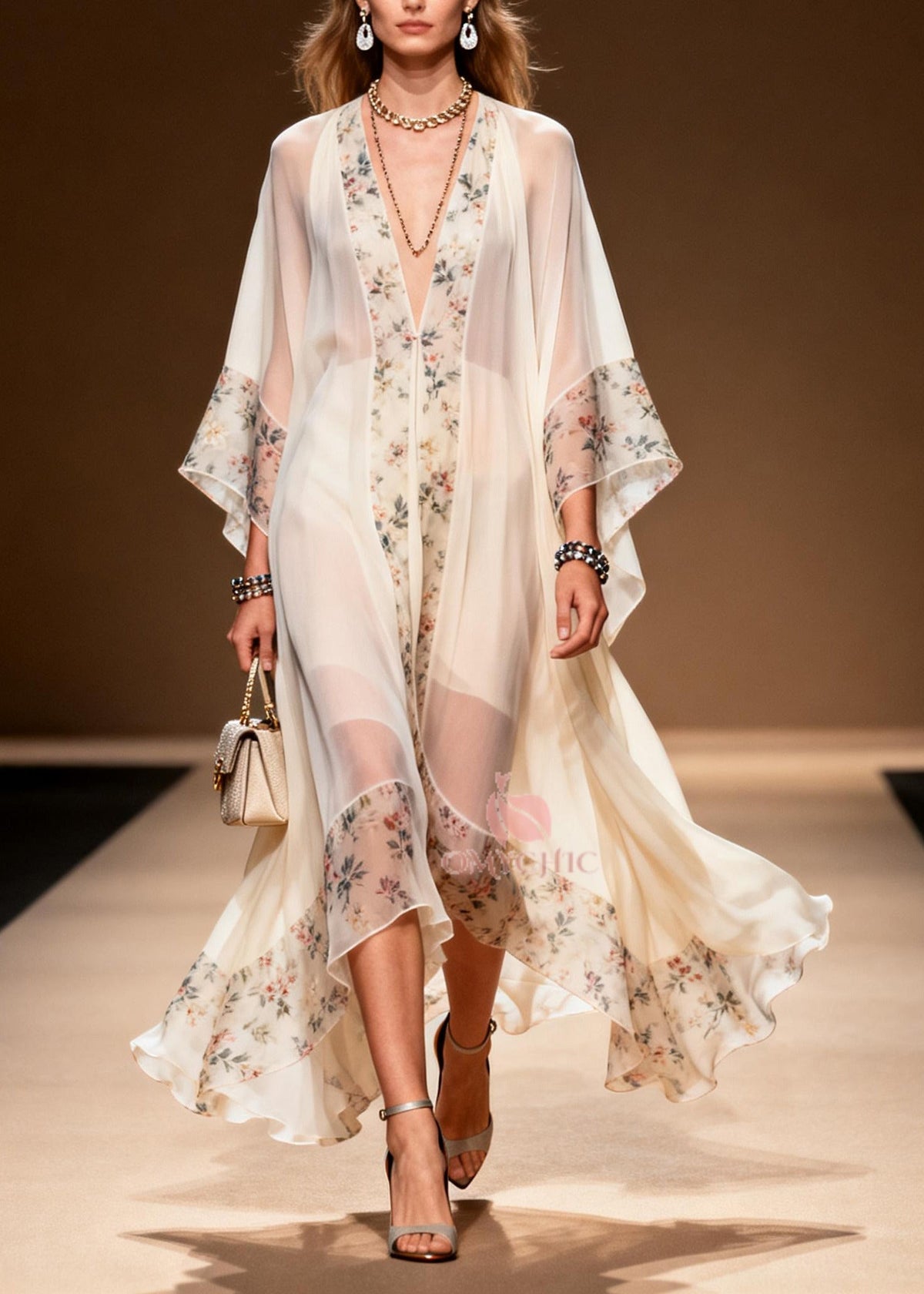 Deep V-Neck Kimono Sleeve Floral Trim Chiffon Midi Dress - View 3