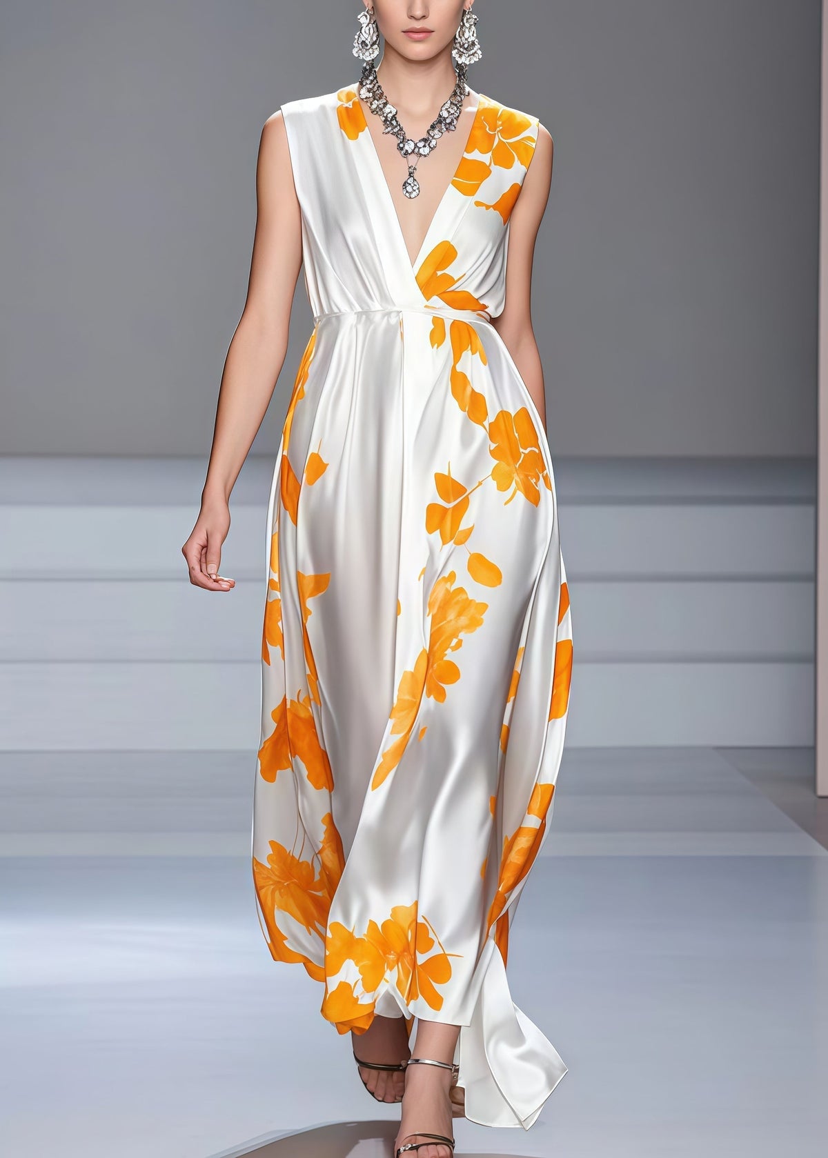 Floral Print Deep V-Neck Sleeveless Empire Waist A-Line Maxi Dress