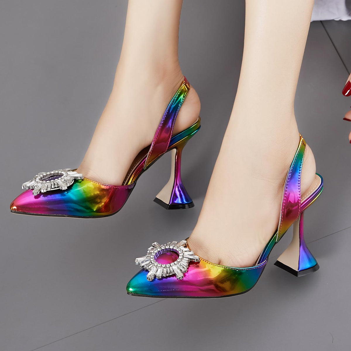 Cap-toe Pointed Head Heels Sandals With Rhinestone - Mislish