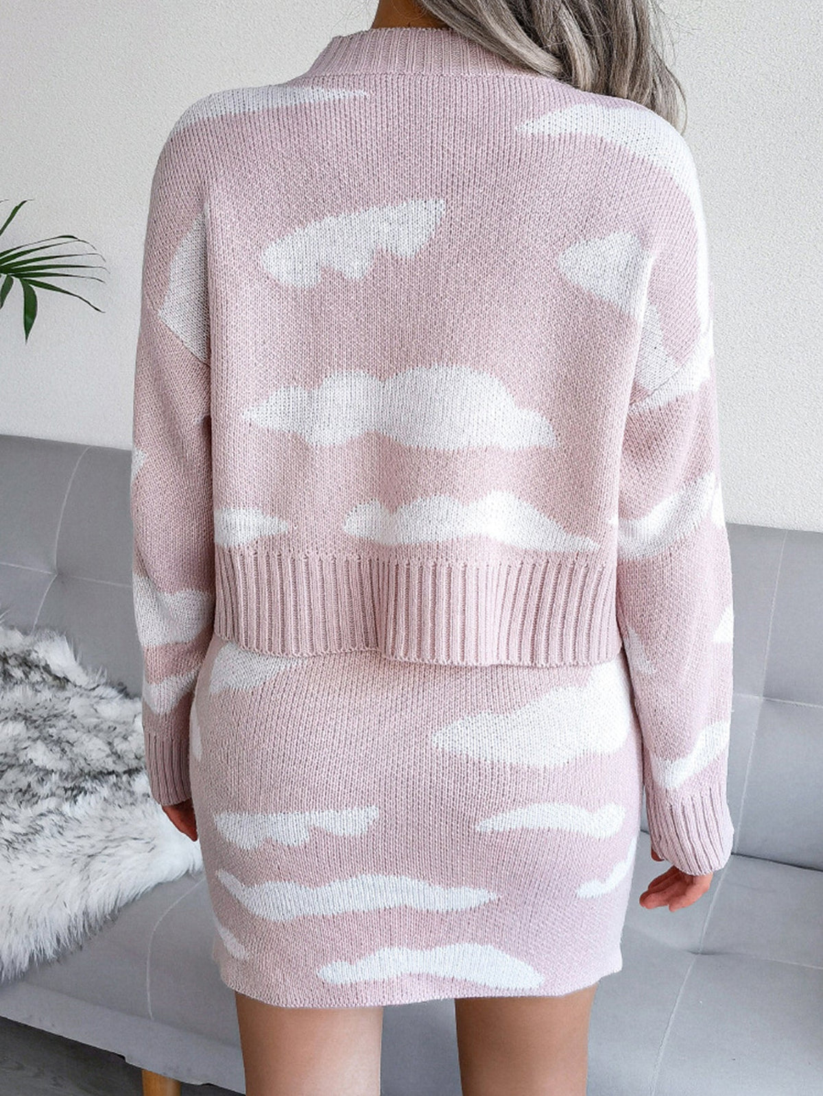 KittenAlarm - Clouds Pattern Drop Shoulder Sweater & Skirt