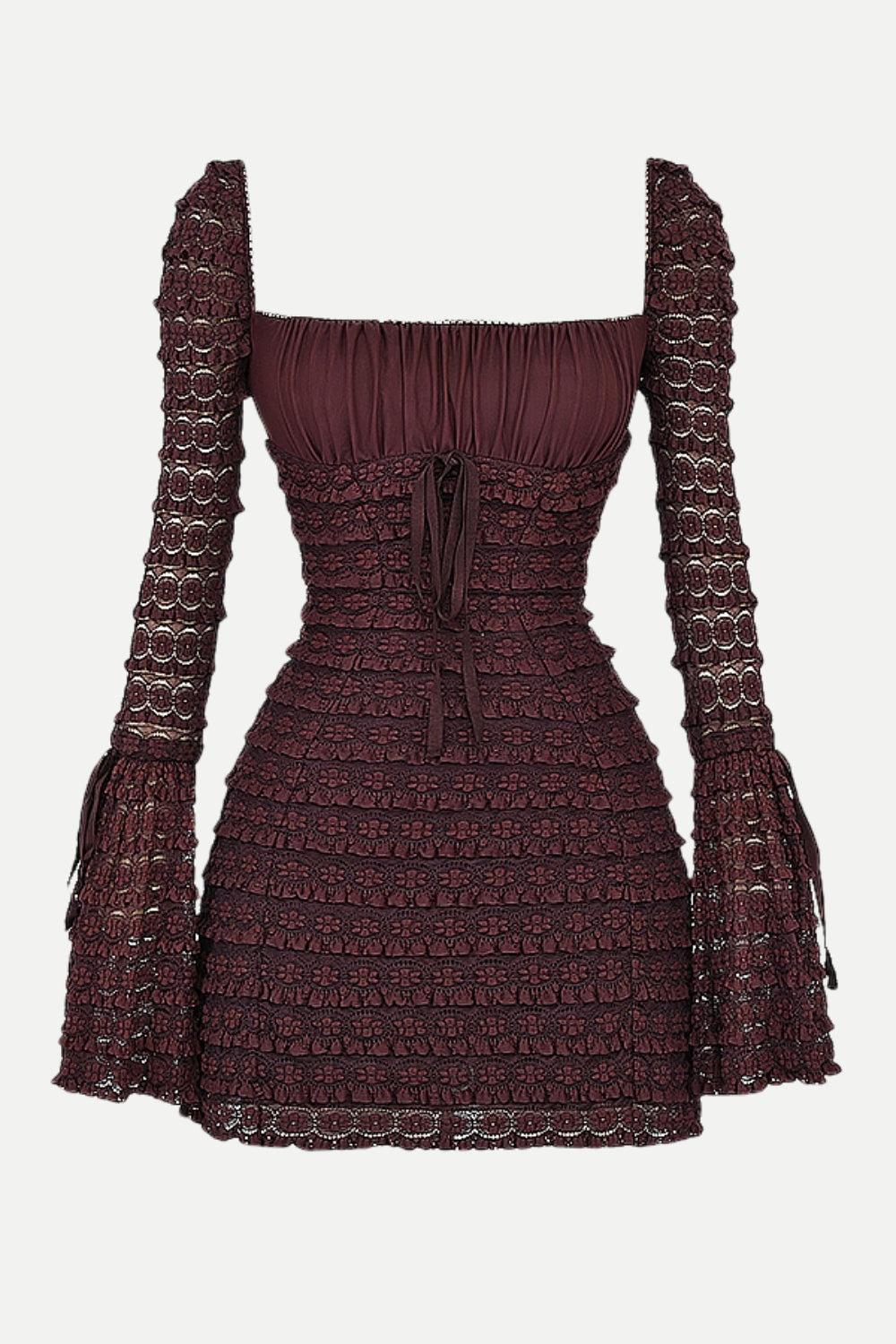 Textured Square-Neck Bell-Sleeve Tie-Front Ruched Mini Dress 6
