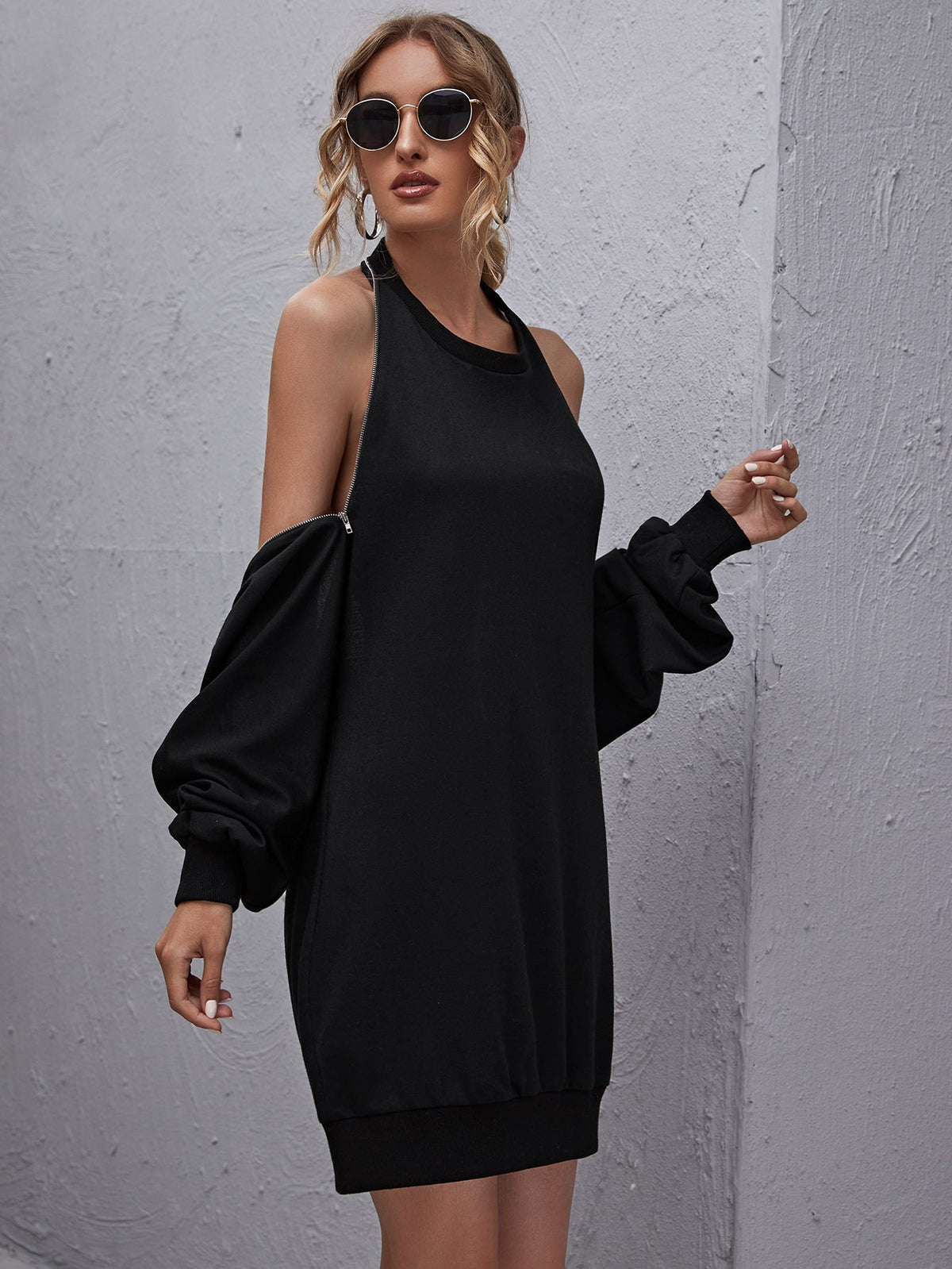 KittenAlarm - Cold Shoulder Zipper Detail Sweatshirt Dress