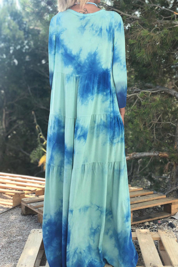 Tie-Dye Print Button-Front Long Sleeve Tiered Maxi Dress 2