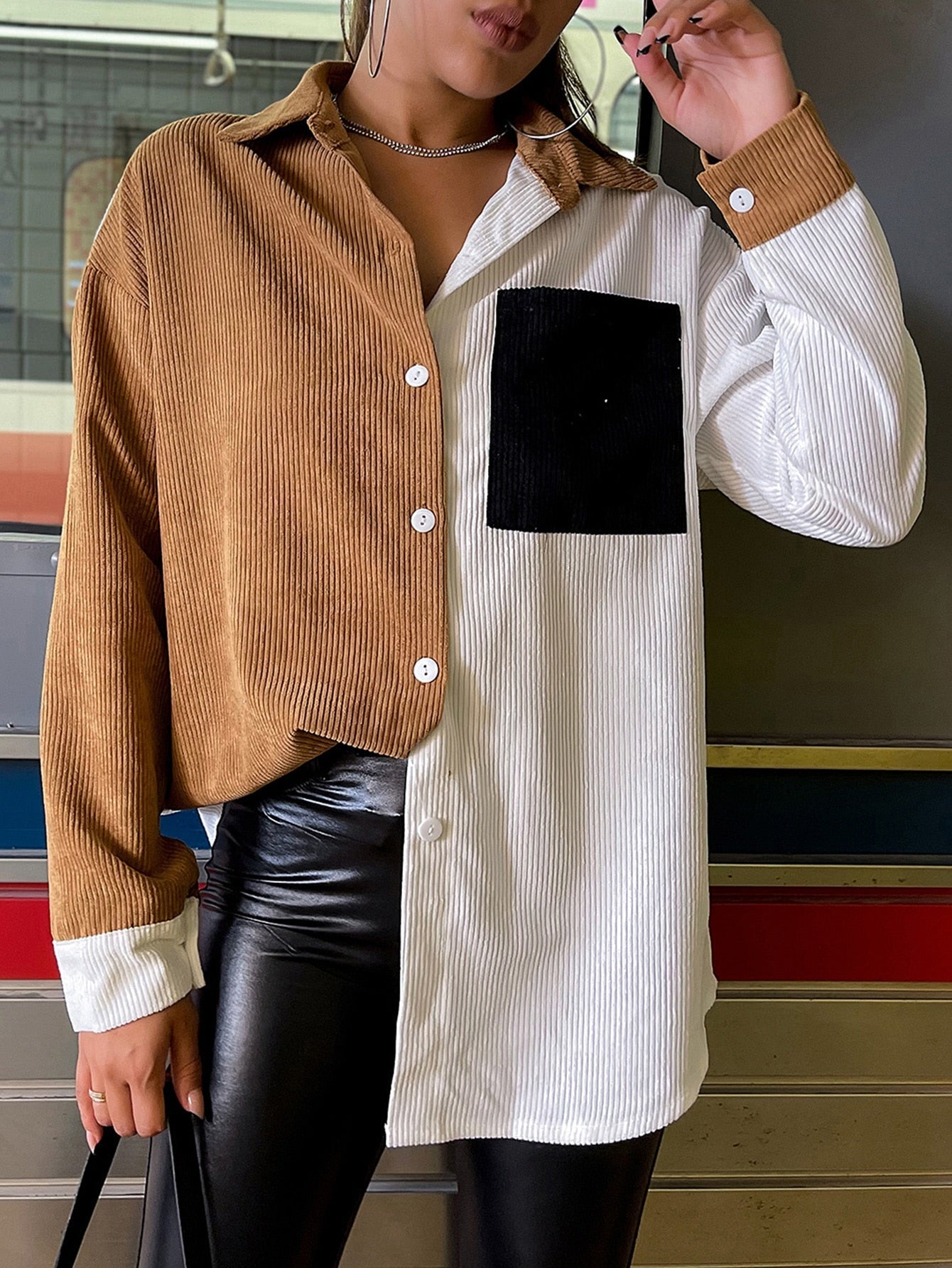 Color-block Drop Shoulder Button Front Blouse - Fashionpara