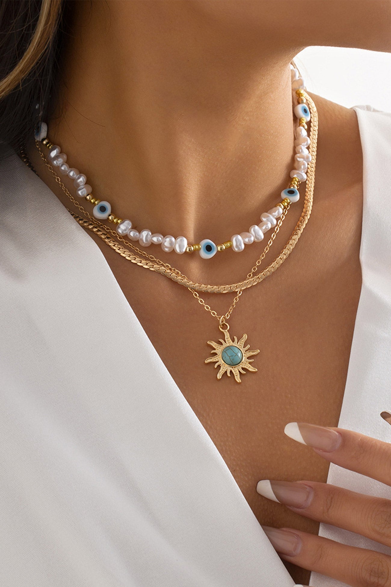 Color-blocked Eye Pearl Pendant Necklace Set