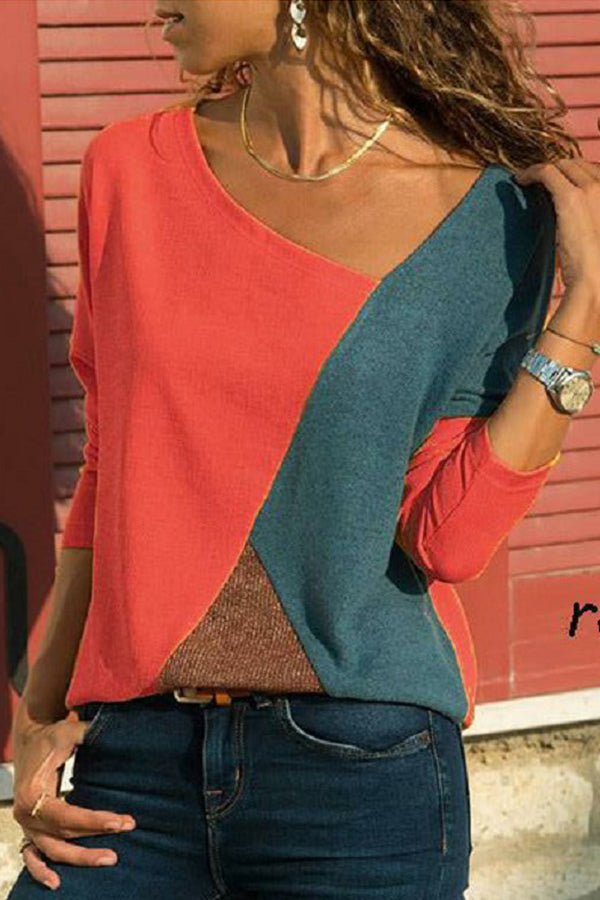 Color Block Geometric Long-sleeve T-shirt - Fashionpara