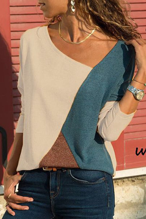 Color Block Geometric Long-sleeve T-shirt - Fashionpara