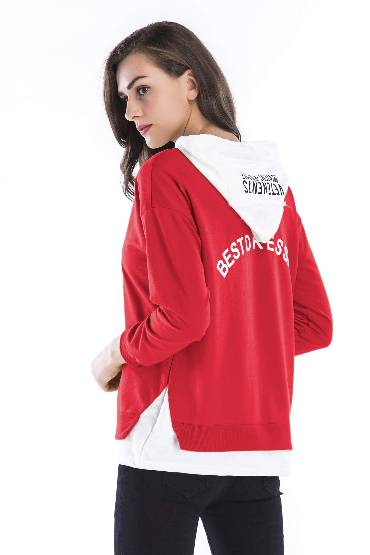 Color Block Hooded Letter Print Back Sweatshirt