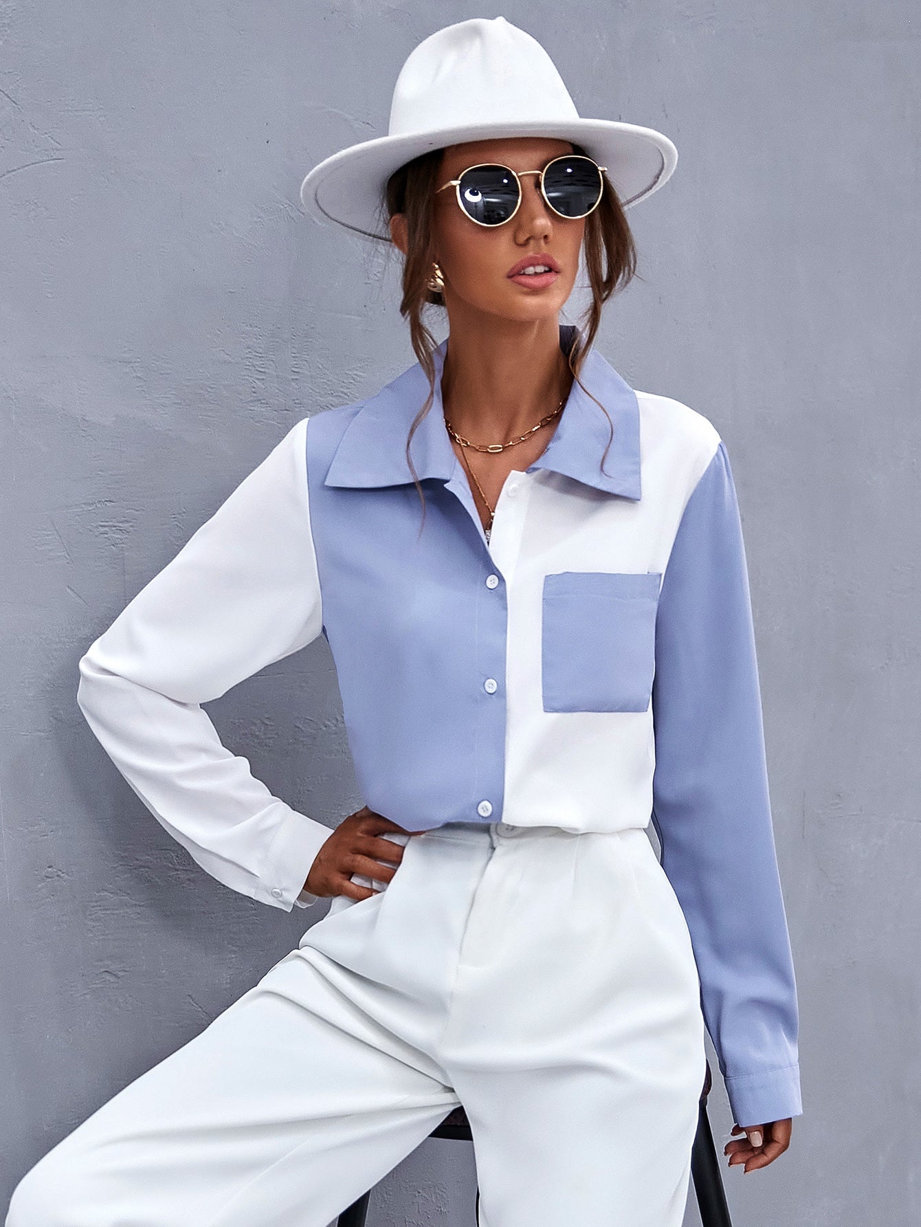 Colorblock Patch Pocket Blouse - Fashionpara