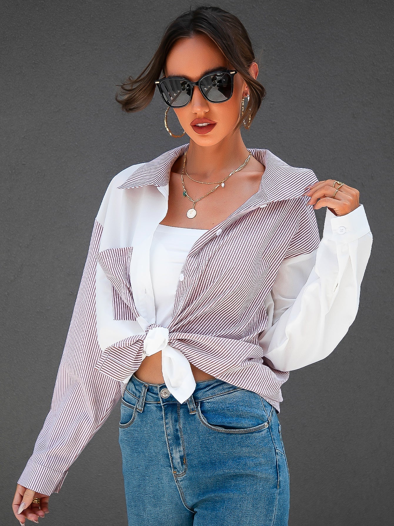 Colorblock Patch Pocket Striped Blouse - Fashionpara