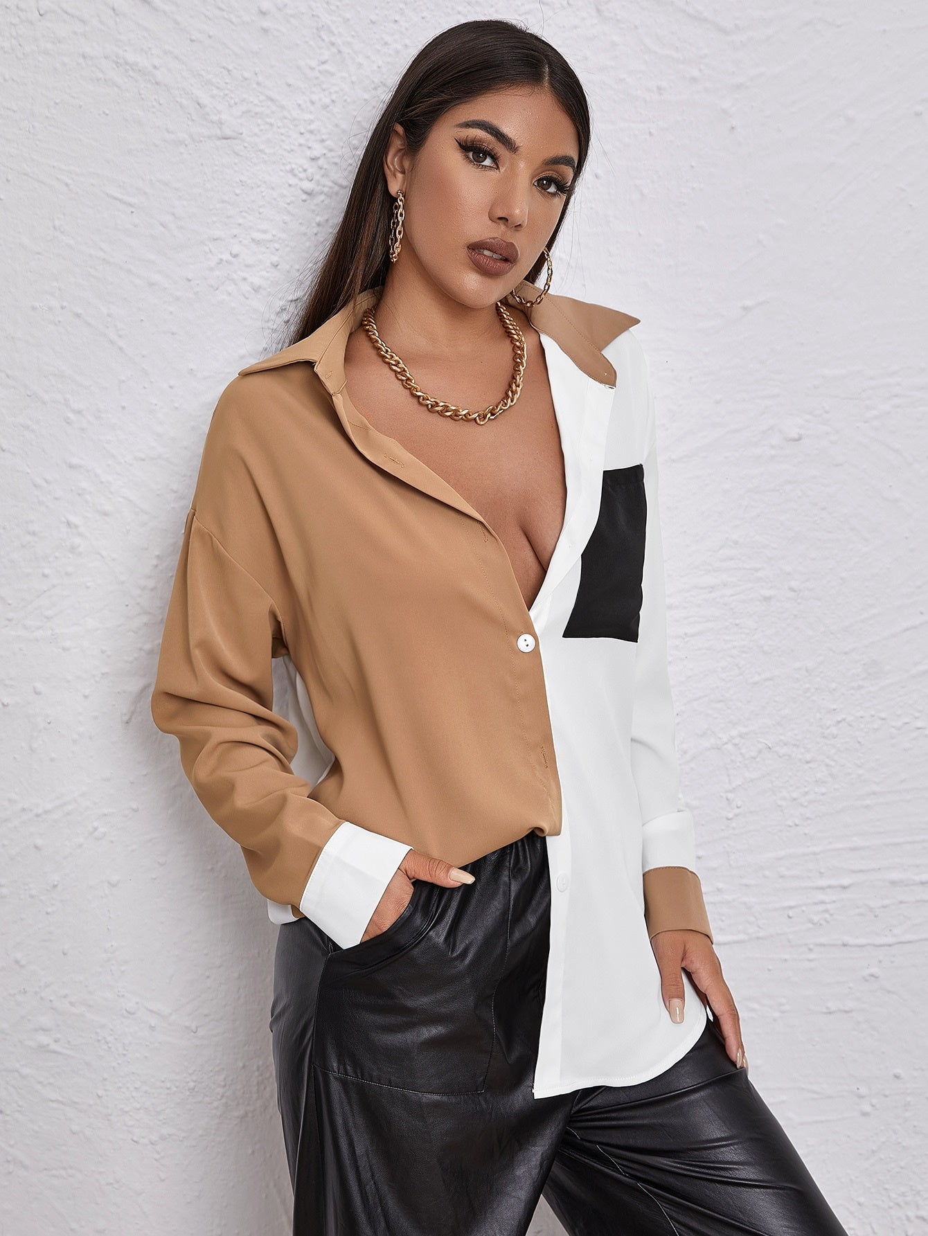 Colorblock Pocket Front Blouse - Fashionpara