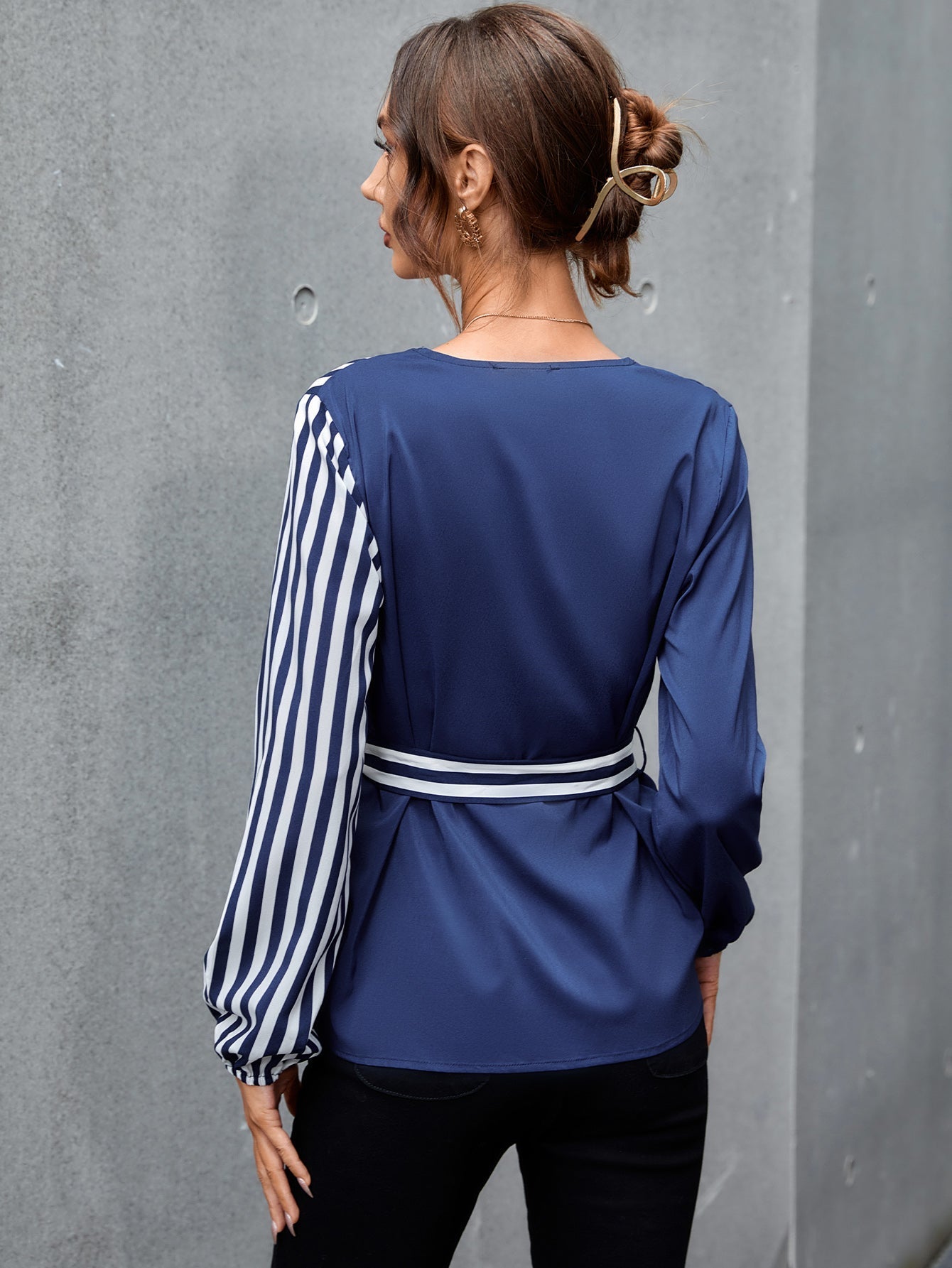 Colorblock Striped Self Tie Blouse - Fashionpara