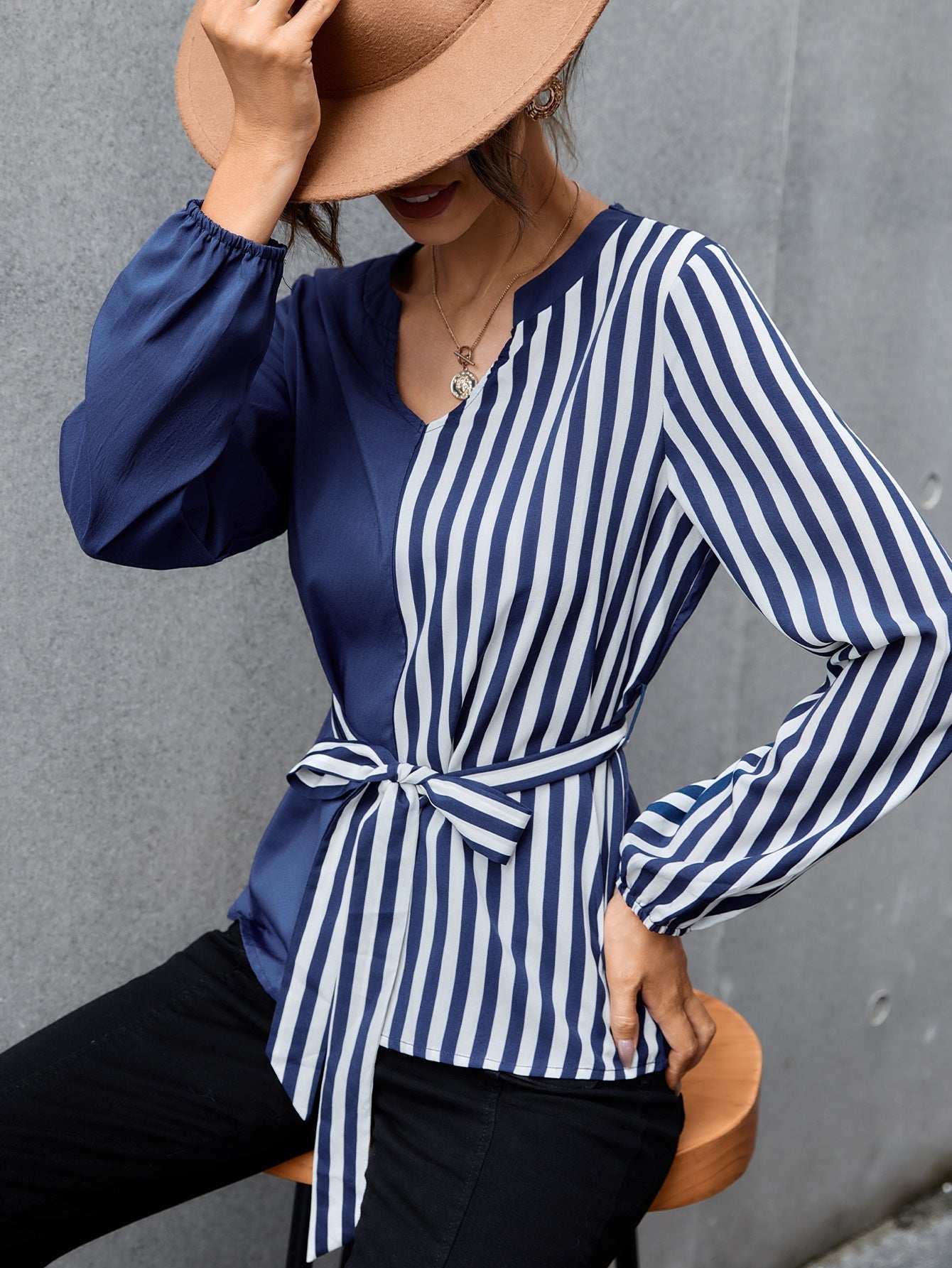 Colorblock Striped Self Tie Blouse - Fashionpara