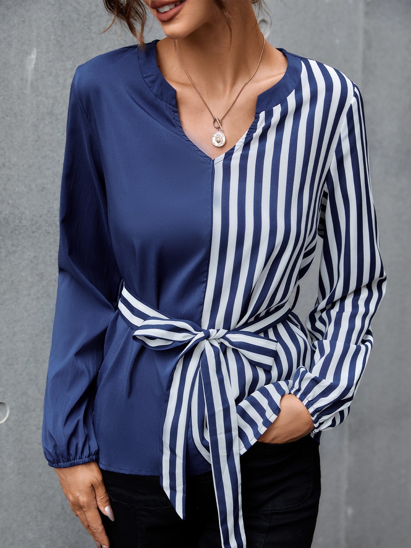 Colorblock Striped Self Tie Blouse - Fashionpara