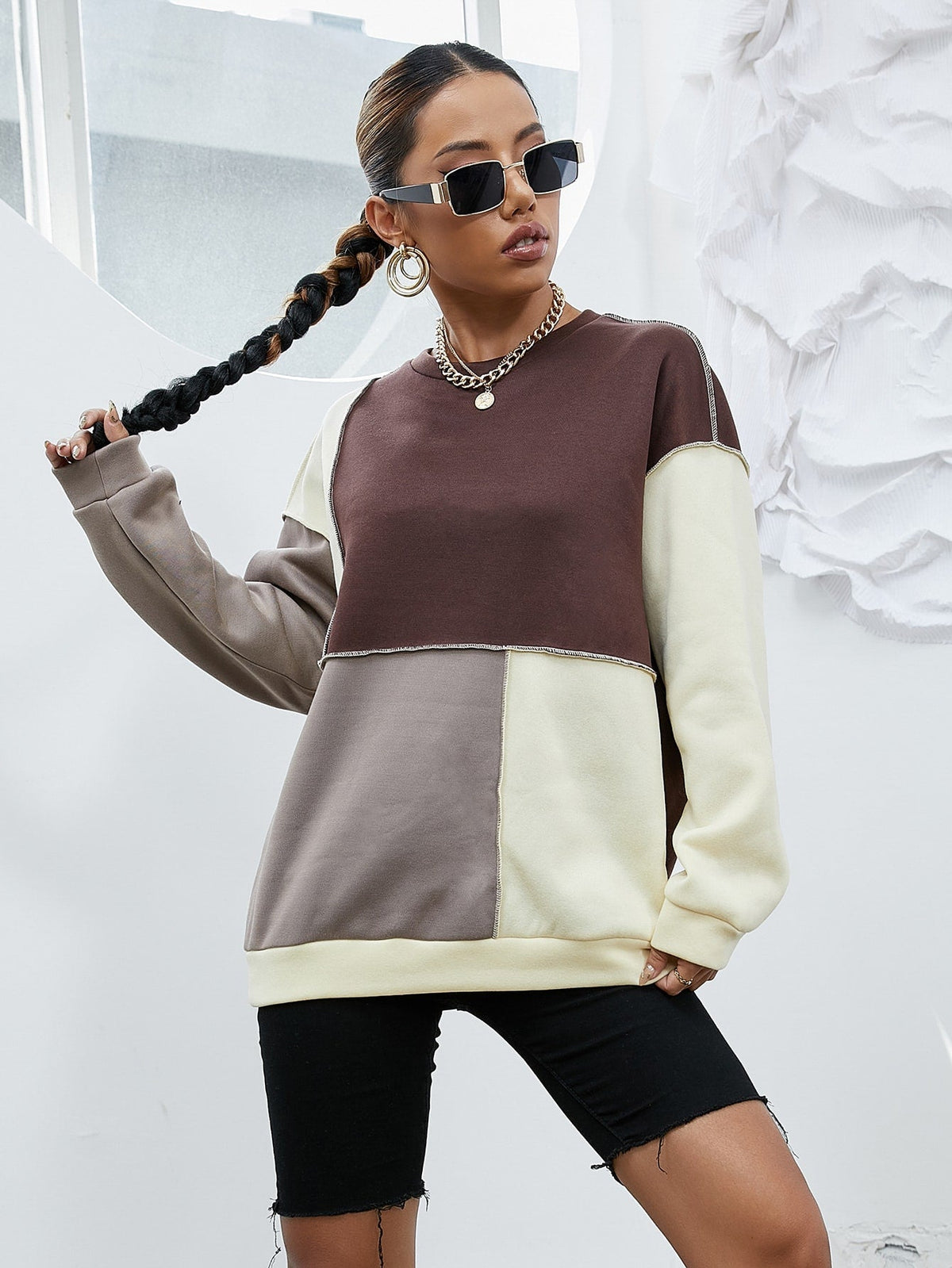 KittenAlarm - Colorblock Topstitching Drop Shoulder Sweatshirt