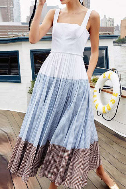 Colorblock Sleeveless Vacation Pleated Dress - Mislish