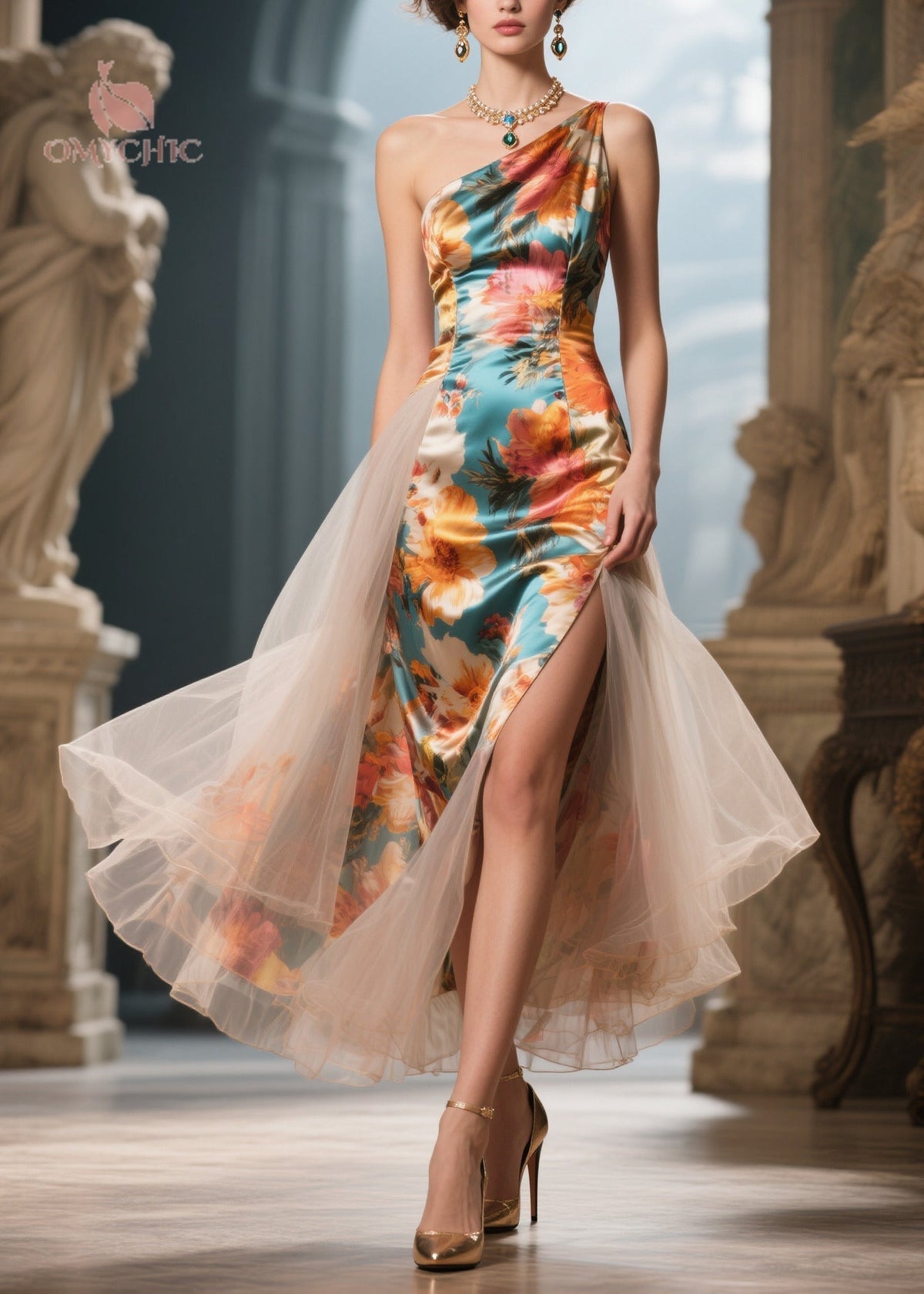 Floral Print One Shoulder Tulle Overlay High Split Midi Dress