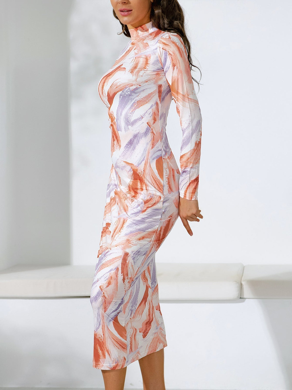 KittenAlarm - Colorful Print Mock Neck Bodycon Dress