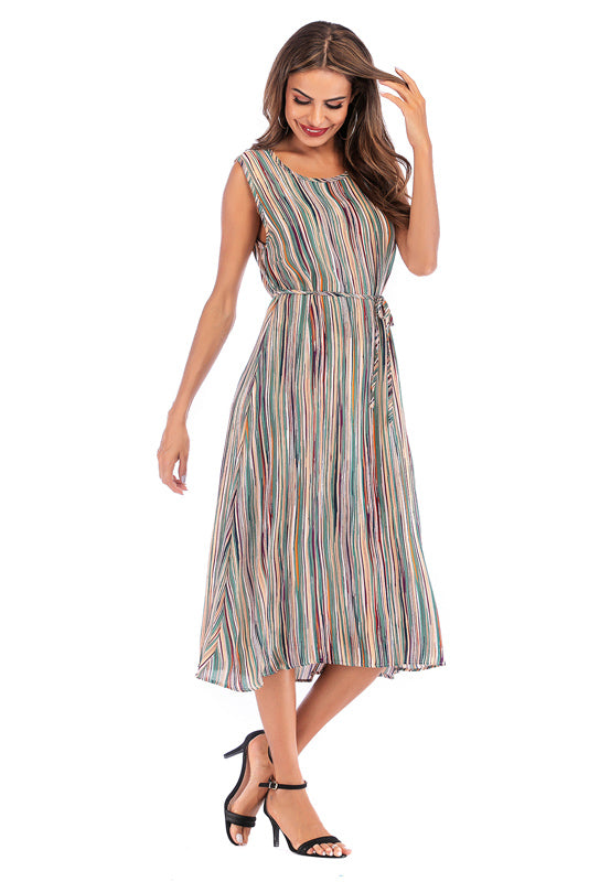Colorful Striped Lace-up Sleeveless Long Dress