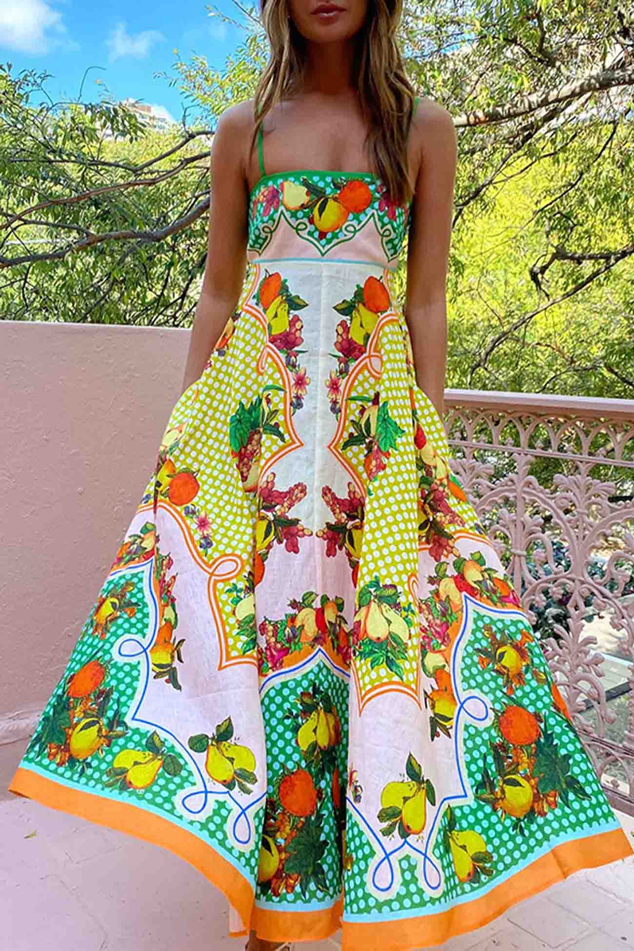 Colorful Fruit Printed Linen Cami Dress