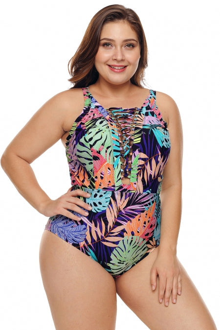 Colorful Tropical Jungle Crisscross Plunge V Neck Plus One Piece Swimwear
