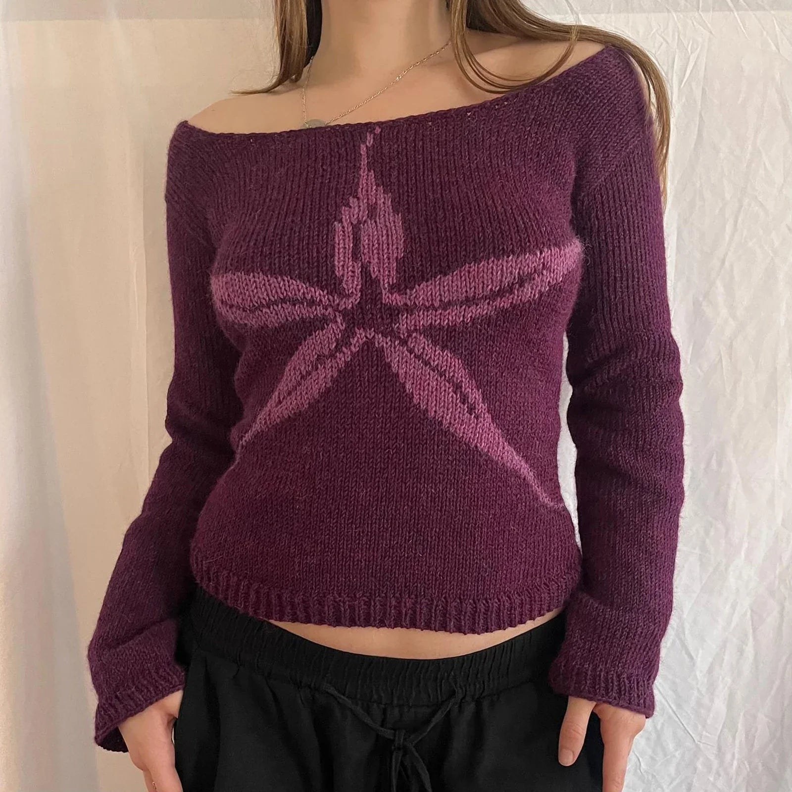 Y2K Vintage Off Shoulder Slim Fit Aesthetic Knit Top