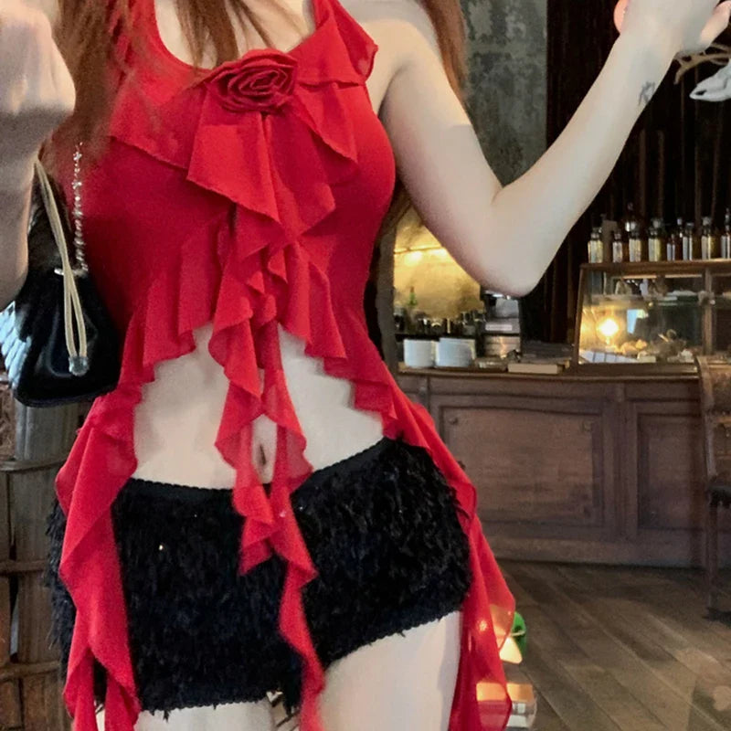 Smocked Ruffled Halter Crop Top