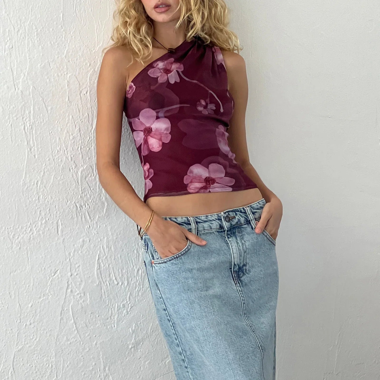 Y2K Vintage Ruched One Shoulder Slim Crop Top