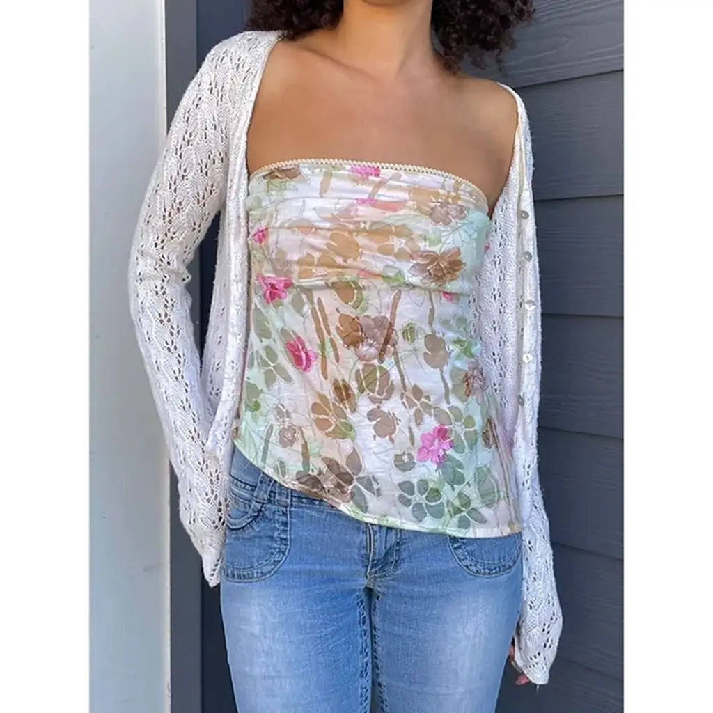 Strapless Flower Print Crop Top
